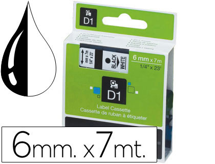 Cinta Dymo D1 6mm. x 7m. plástico blanco tinta negra 43613